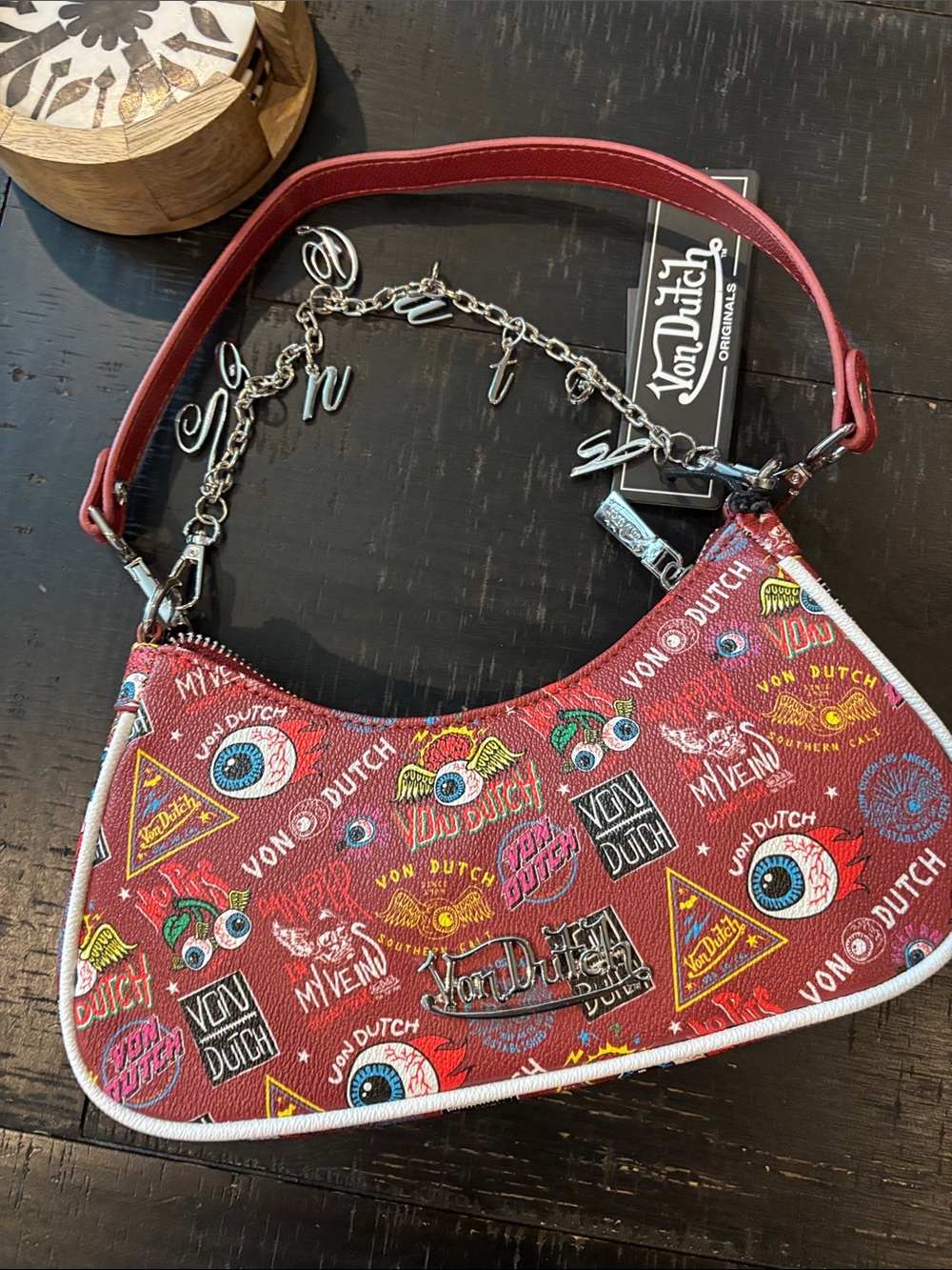 NWT Von Dutch Burgundy Red Logo-Print Mini Shoulder Bag Retro Y2K